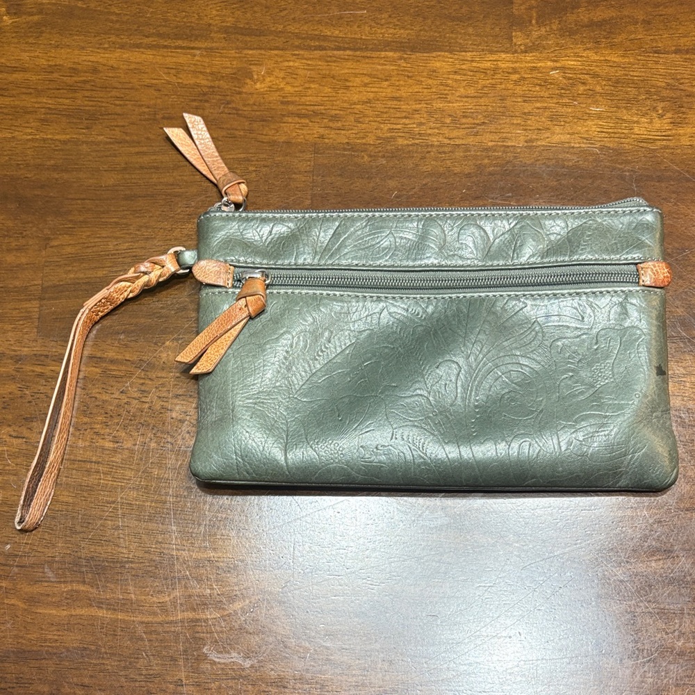 Margot Olive Leather Wristlet with Tan Accents